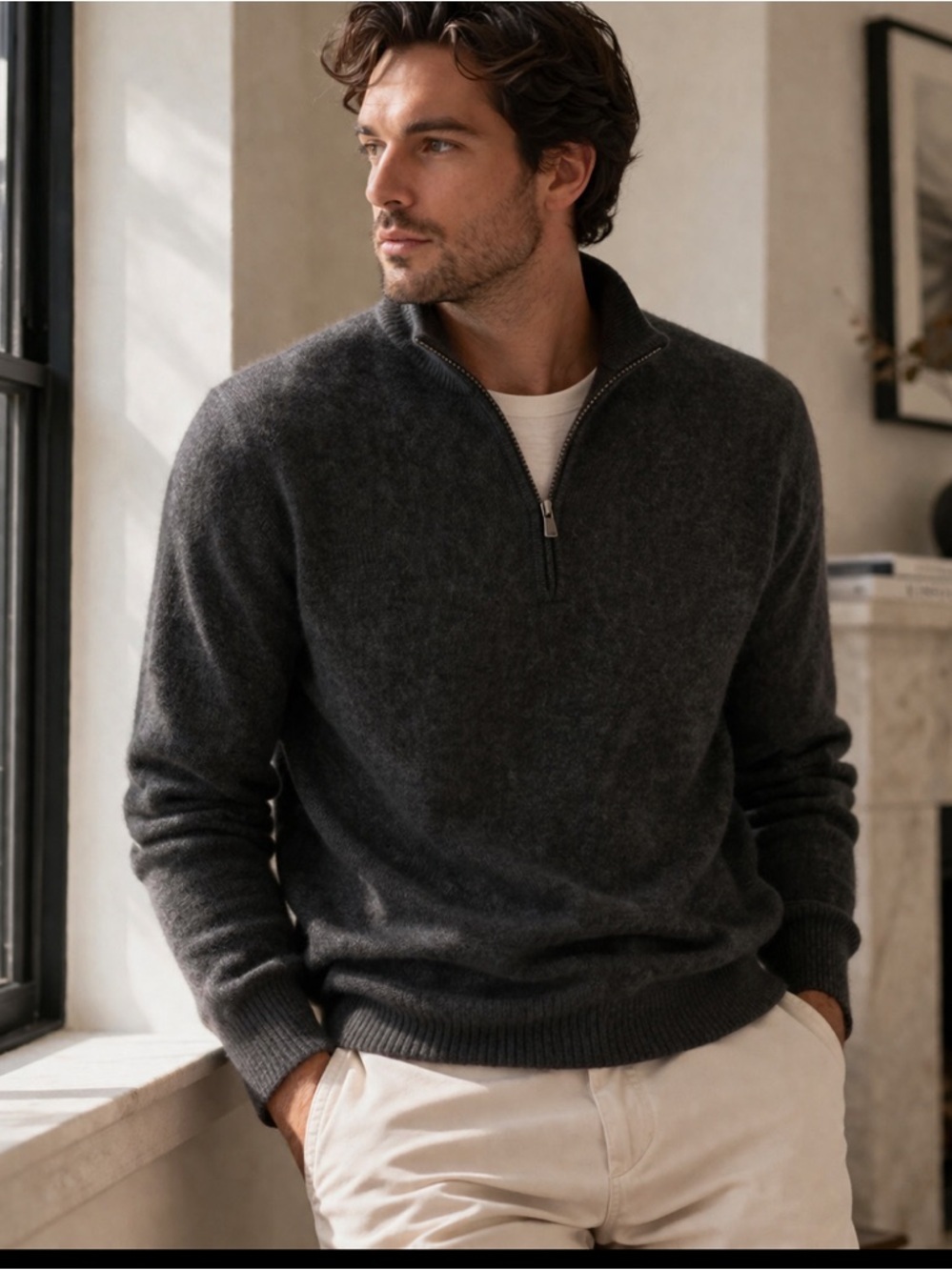 100% Cashmere Quarter Zip Sweater Gray Men’s Medium Luxury Minimalist Classic